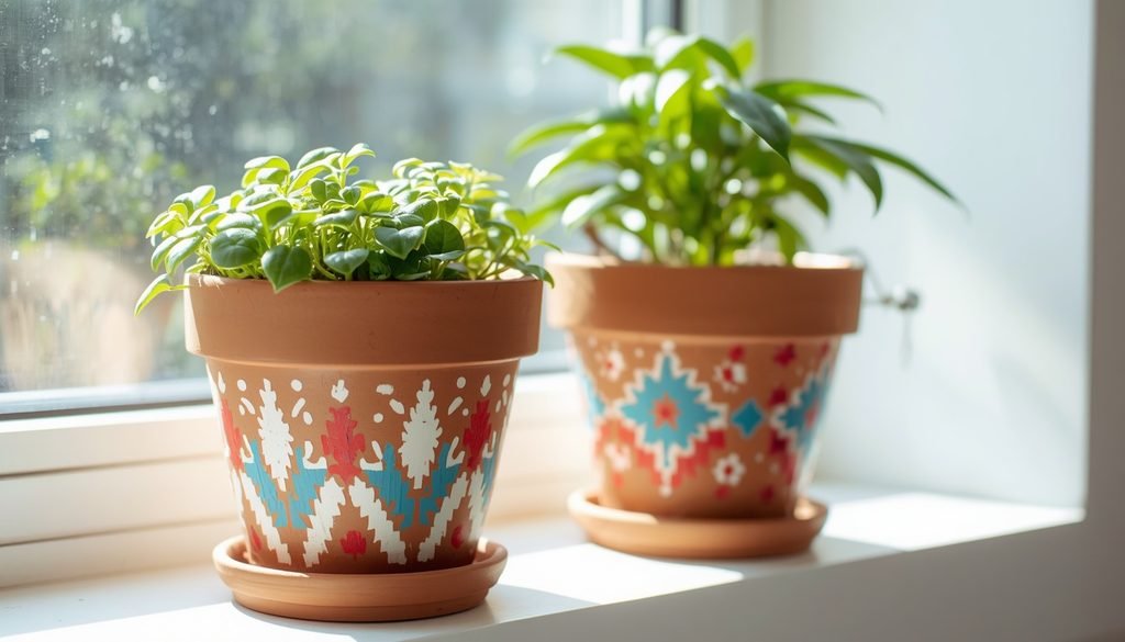 Painted terracotta flower pots with simple geometric designs on windowsill