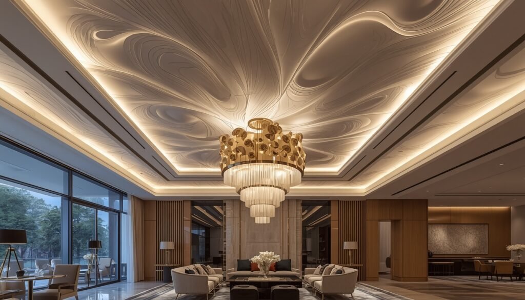 35 Modern House Interior Design Ideas to Upgrade Your Space 11 Grand POP ceiling with soft wave grooves, hidden LED lighting, and a central gold chandelier.