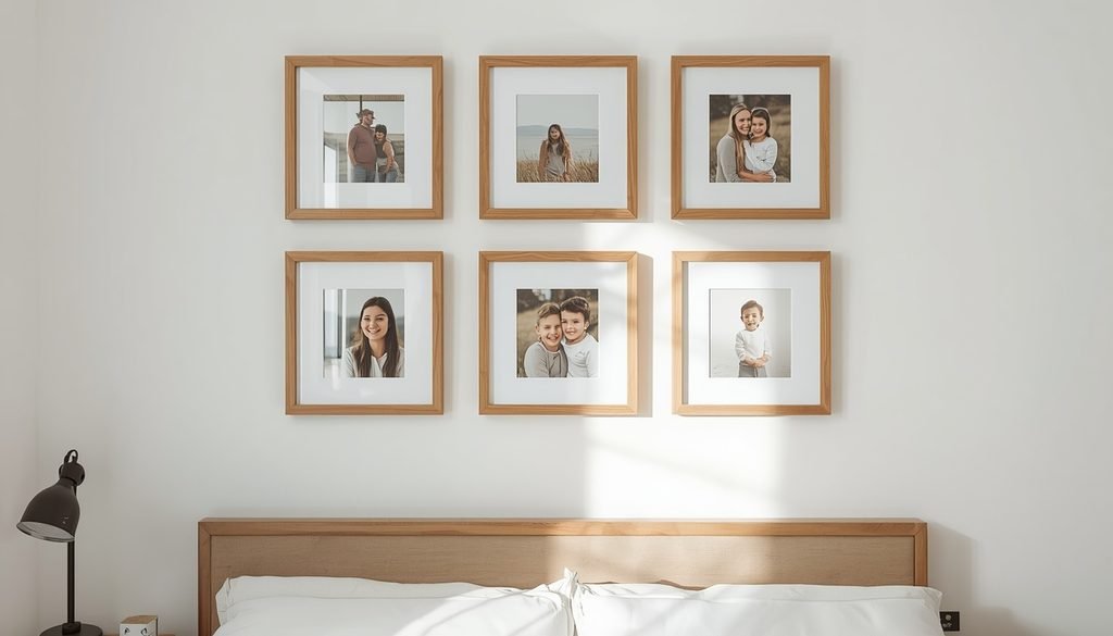 Custom framed gallery photo wall arranged in clean grid layout using wall decor ideas