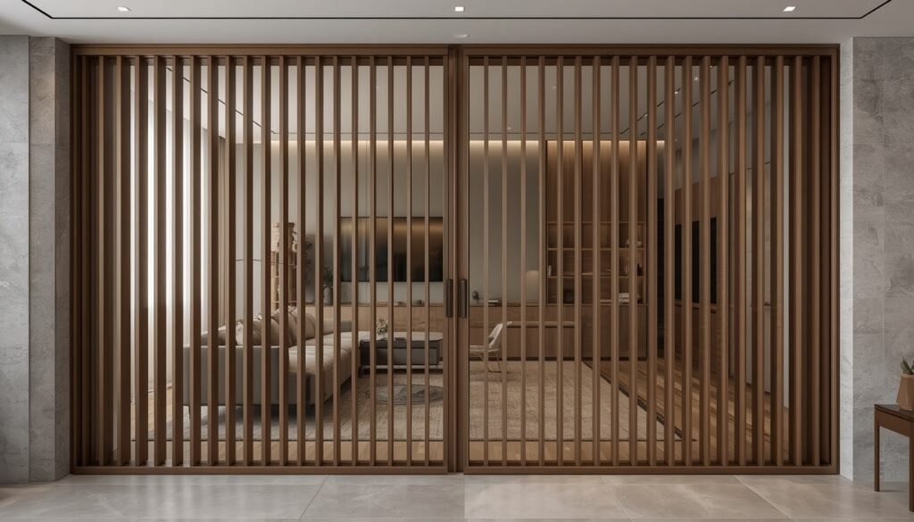 35 Modern House Interior Design Ideas to Upgrade Your Space 12 Dark wood slatted sliding partition divider separating living room with grey marble accent walls.