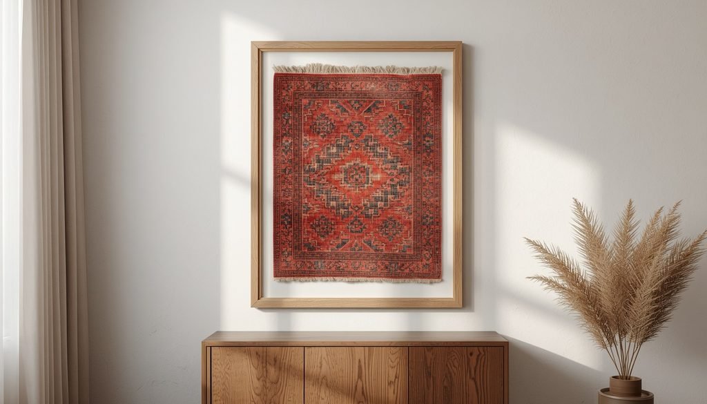 Framed rug wall art displaying vintage woven textile sample on living room wall