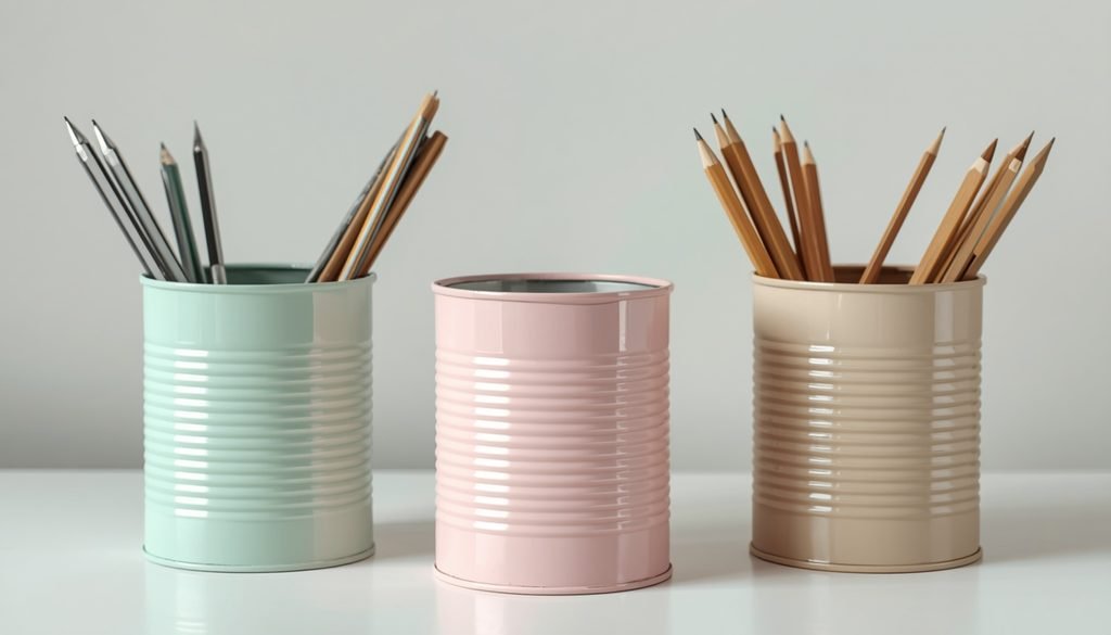 Upcycled tin can desk organizer painted in pastel colors for stationary storage