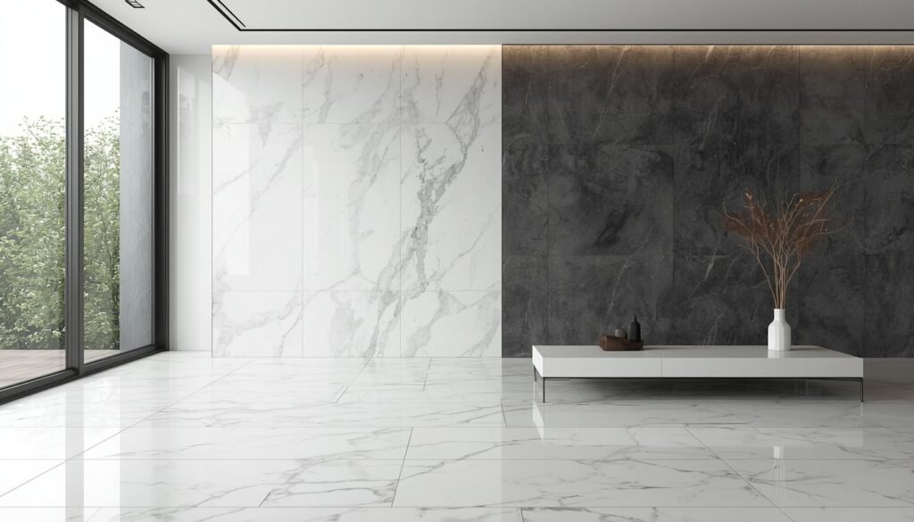35 Modern House Interior Design Ideas to Upgrade Your Space 13 Modern room layout featuring large polished white marble floor tiles and dark grey textured wall tiles.