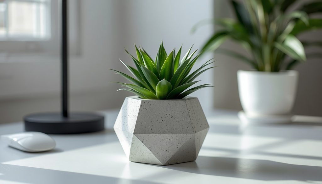 DIY concrete desktop flower planter with small green succulent plant for small spaces