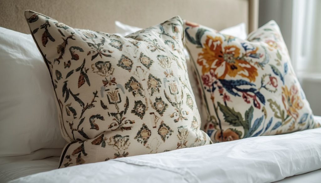 Patterned throw pillow covers on sofa for cheap DIY home decor