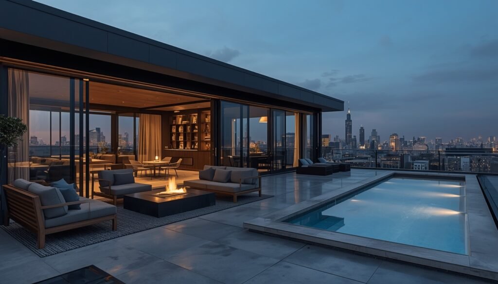 35 Modern House Interior Design Ideas to Upgrade Your Space 14 Rooftop lounge terrace with wide sliding glass doors, outdoor sofas, low fire pit, and pool.