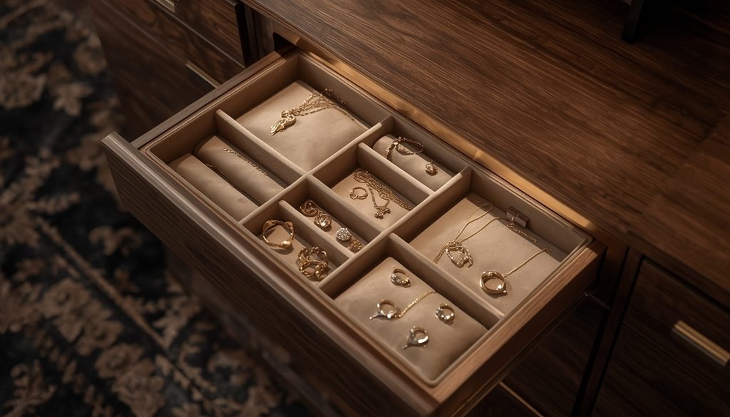 Custom fabric covered jewelry organizer with soft velvet dividers inside vanity drawer