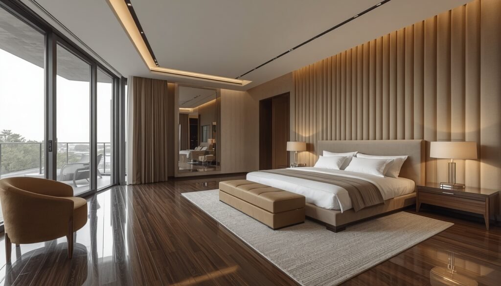 35 Modern House Interior Design Ideas to Upgrade Your Space 15 Modern bedroom with beige platform bed, fluted wall panel, hidden lighting, and balcony sliding glass doors.