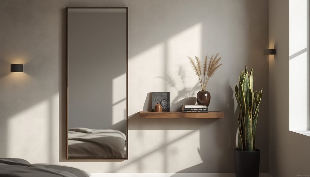 Wall-mounted mirror with wooden floating shelf for simple entryway arrangement