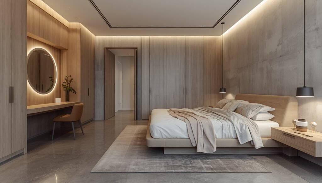 35 Modern House Interior Design Ideas to Upgrade Your Space 16 Small bedroom design with full-height wooden wardrobes, built-in vanity desk, round LED mirror, and floating nightstands.