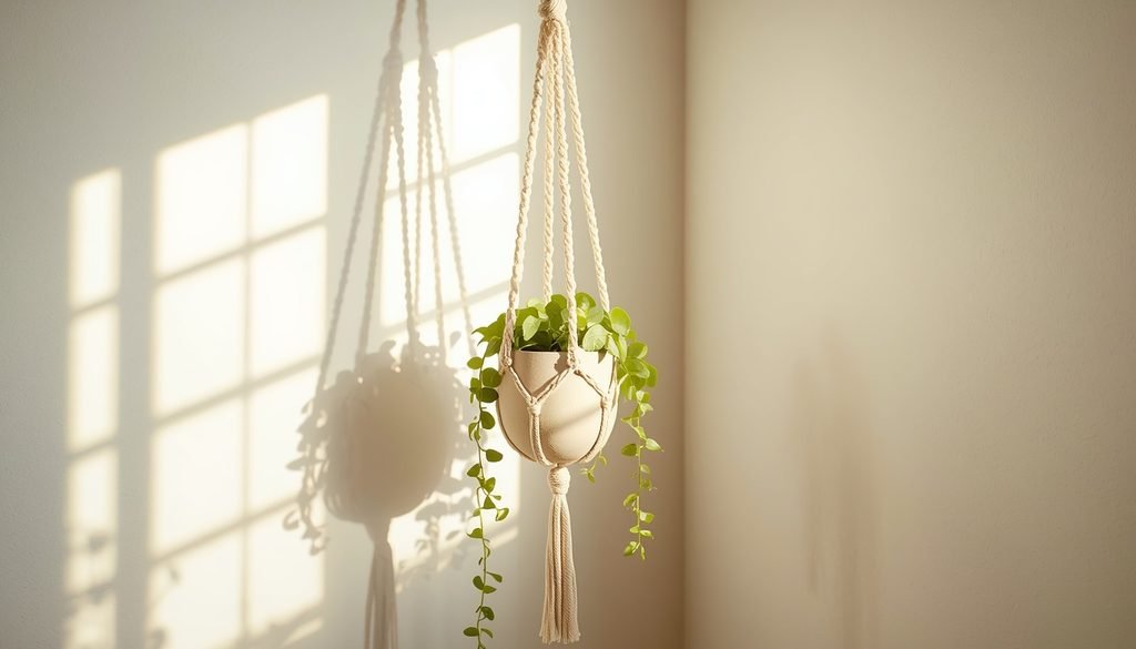 Macrame cord hanging plant holder with cotton rope netting suspending potted plant
