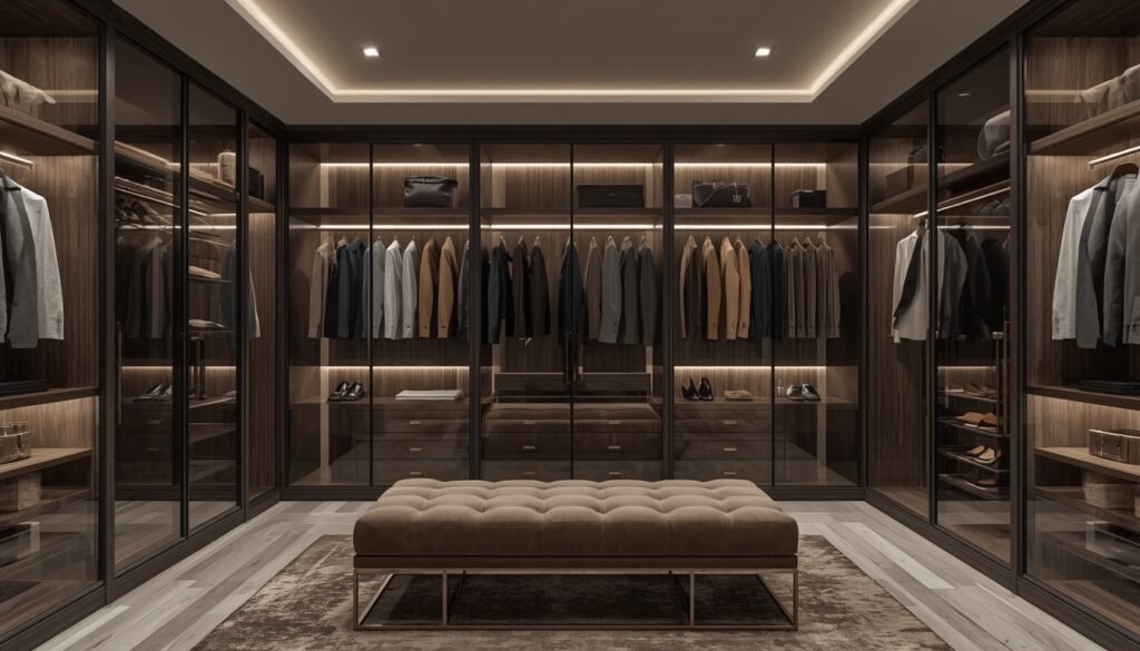 35 Modern House Interior Design Ideas to Upgrade Your Space 17 Walk-in closet with dark wood glass-door wardrobes, illuminated shelves, and center tufted ottoman bench.