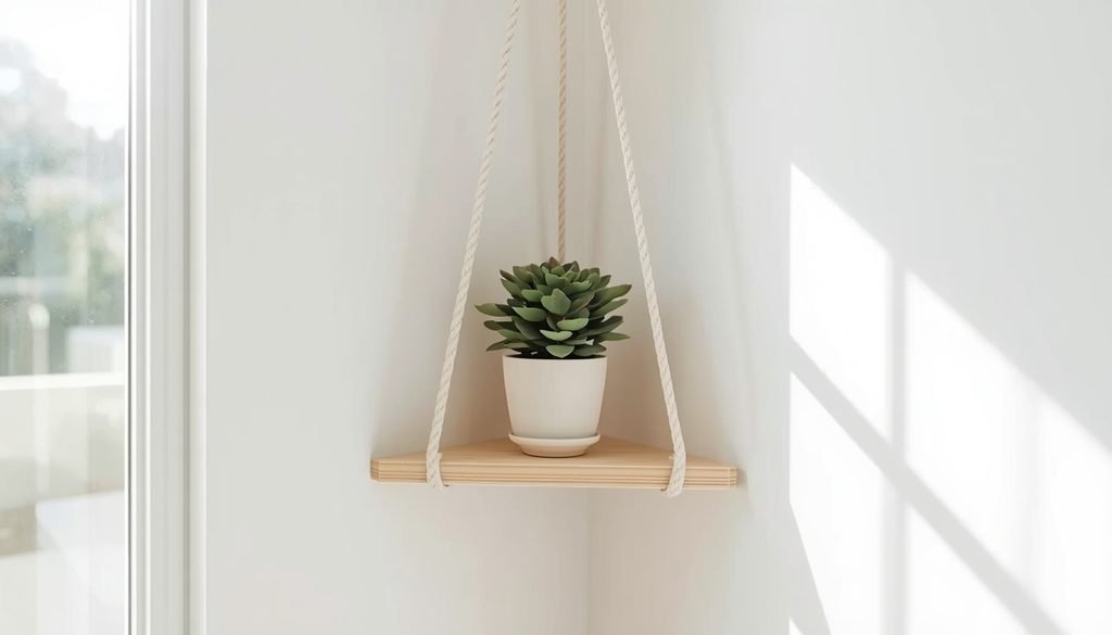 Hanging rope wood corner shelf suspended from ceiling in room corner