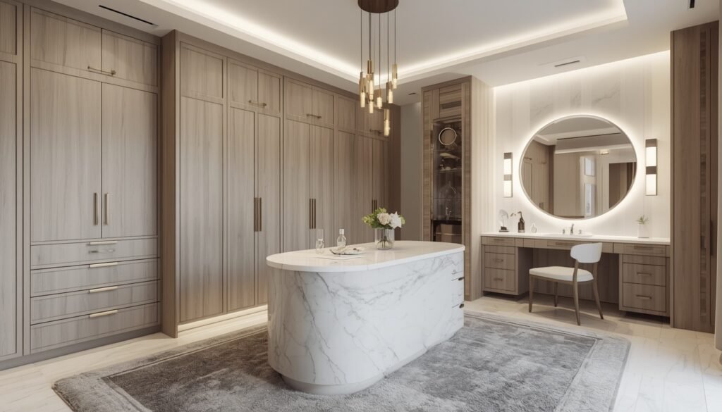 35 Modern House Interior Design Ideas to Upgrade Your Space 18 Dressing room with light wood closets, center oval marble island, gold pendant light, and backlit vanity mirror.