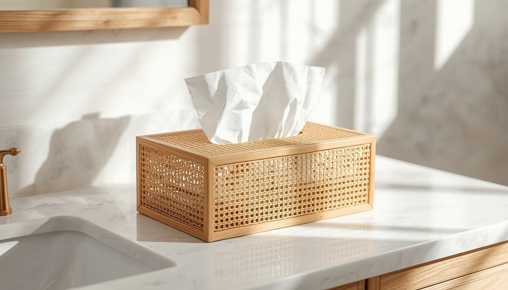 Handcrafted woven cane tissue box cover with natural rattan pattern