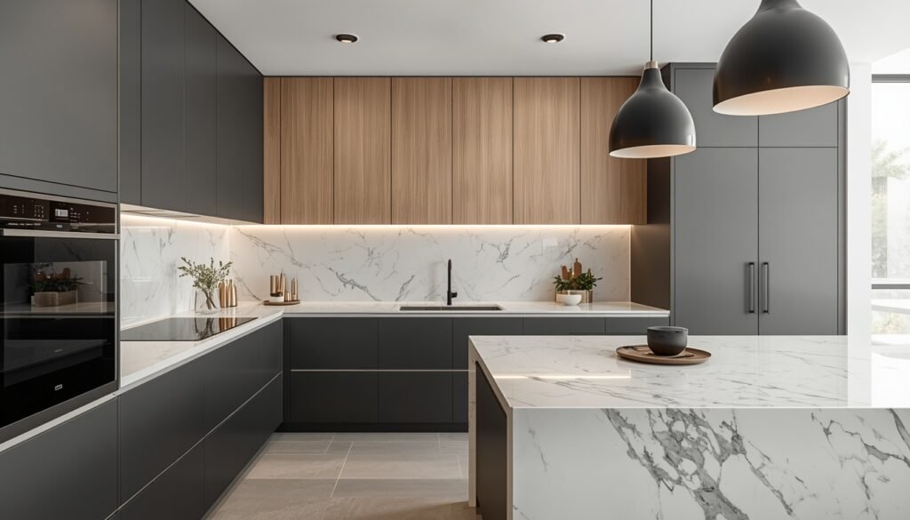 35 Modern House Interior Design Ideas to Upgrade Your Space 19 Modular kitchen with matte charcoal lower cabinets, warm wood upper cabinets, white marble counter, and pendant lights.