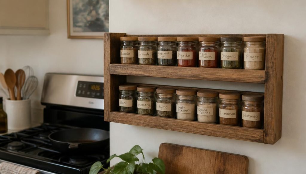 Simple wooden spice storage rack mounted on kitchen wall for organized spice jars