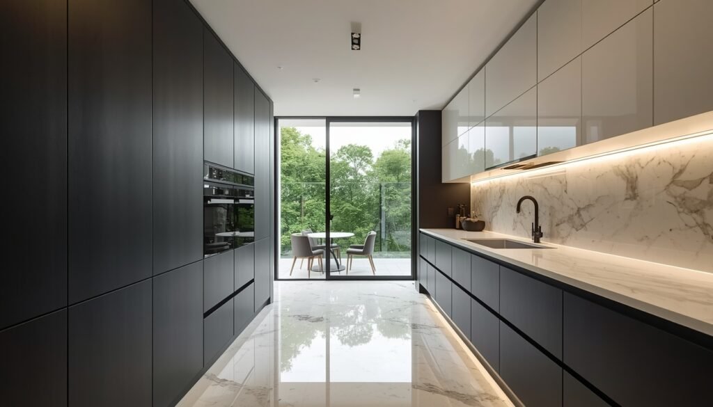 35 Modern House Interior Design Ideas to Upgrade Your Space 20 Parallel kitchen layout with black handleless cabinets, white marble backsplash, LED task lights, and balcony door.