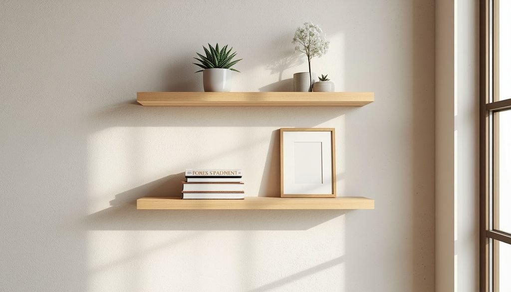 Floating wooden wall display shelves holding small potted plants and books