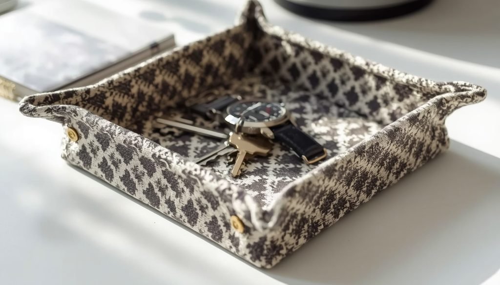 Fabric catchall storage tray with brass corner snaps holding everyday accessories