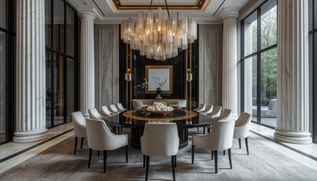 35 Modern House Interior Design Ideas to Upgrade Your Space 21 Luxury dining room featuring round black marble table, white upholstered armchairs, glass chandelier, and decorative columns.