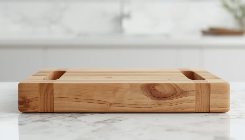 Wooden cutting block with carved handles on kitchen counter surface