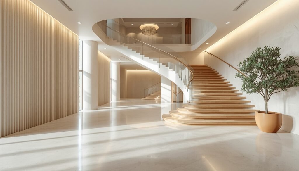 35 Modern House Interior Design Ideas to Upgrade Your Space 22 Bright entrance hall with central curved staircase, glass railings, off-white marble floors, and textured wall panels.