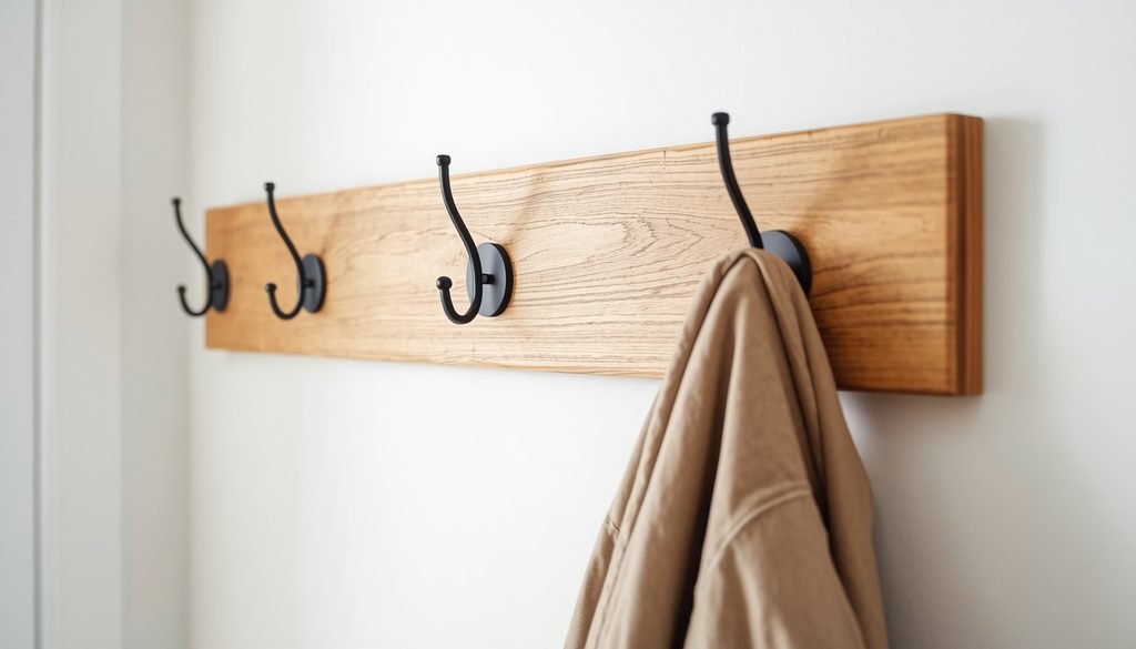 Wooden board entryway coat rack with black metal hooks for coats and bags