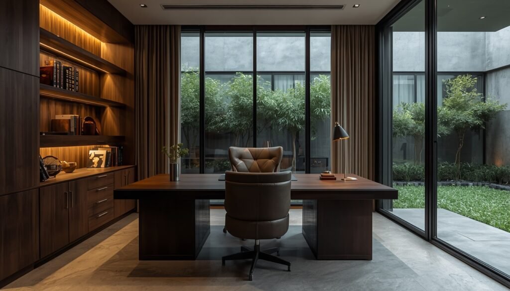 35 Modern House Interior Design Ideas to Upgrade Your Space 23 Modern home office with dark wood desk, leather swivel chairs, LED-lit shelves, and sliding glass doors.