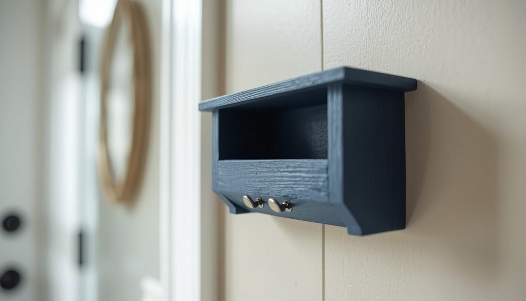 DIY key holder storage box in slate blue with bottom metal key hooks