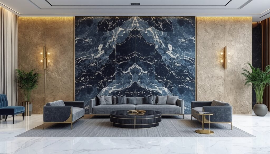 35 Modern House Interior Design Ideas to Upgrade Your Space 24 Living room feature wall with blue marble slab, gold light accents, grey sofas, and black coffee table.