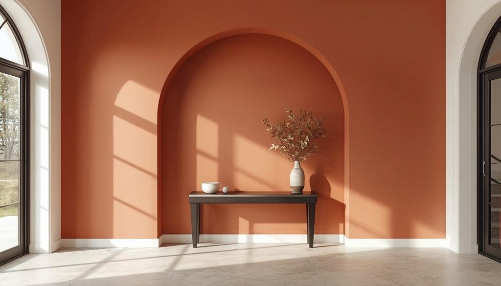 Modern arch painted accent wall in rich terracotta color for entryway background