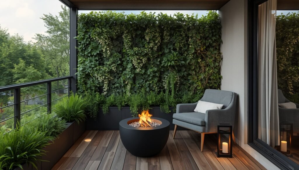 Cozy balcony space with vertical green plant wall, wood decking, grey armchair, and round fire bowl.