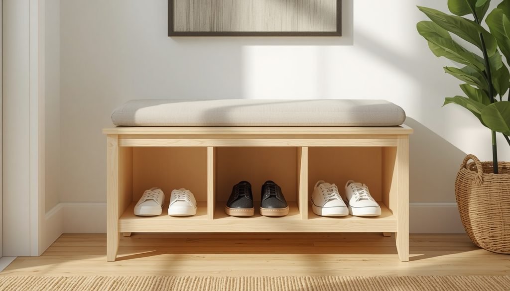 Decorative wooden shoe storage bench with open cubbies and padded seat cushion