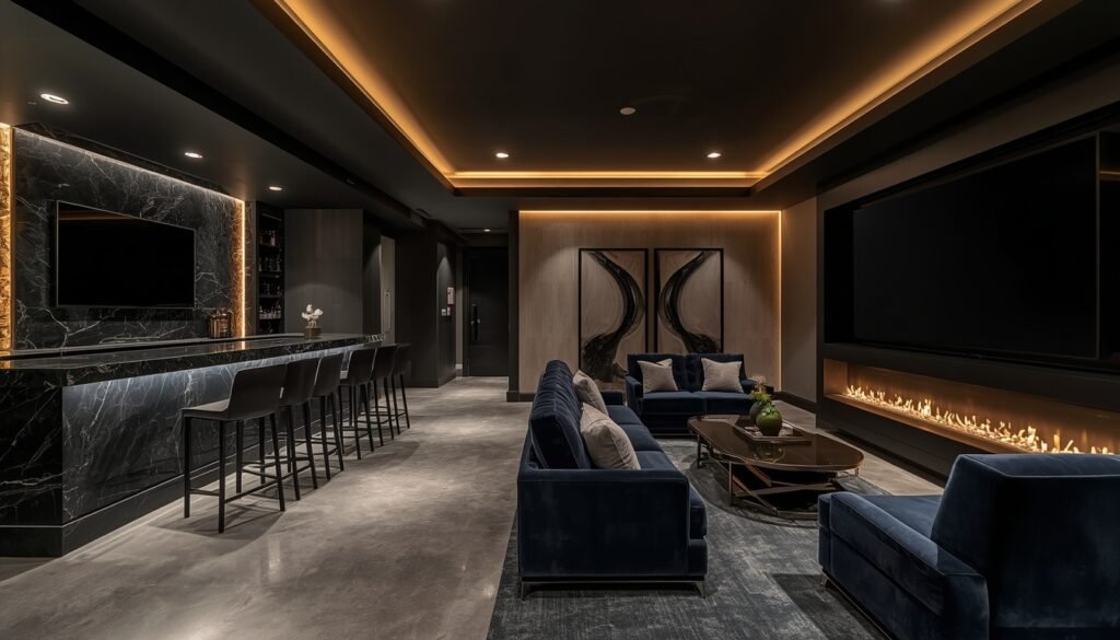 Basement entertainment lounge featuring black marble bar, blue velvet sofas, TV, and linear fireplace.