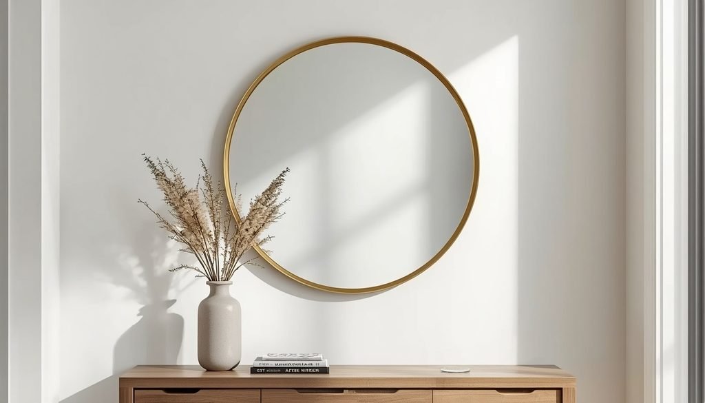 Custom cut framed wall mirror with slender gold brass trim for living room