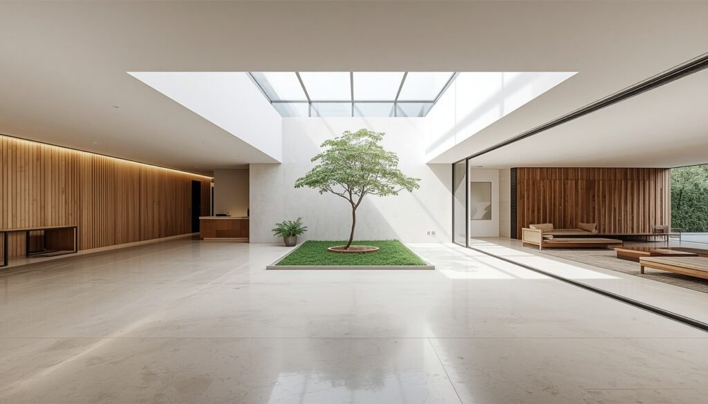 Minimalist open-plan home layout with indoor tree under a central skylight, light floor tiles, and wood slat walls.