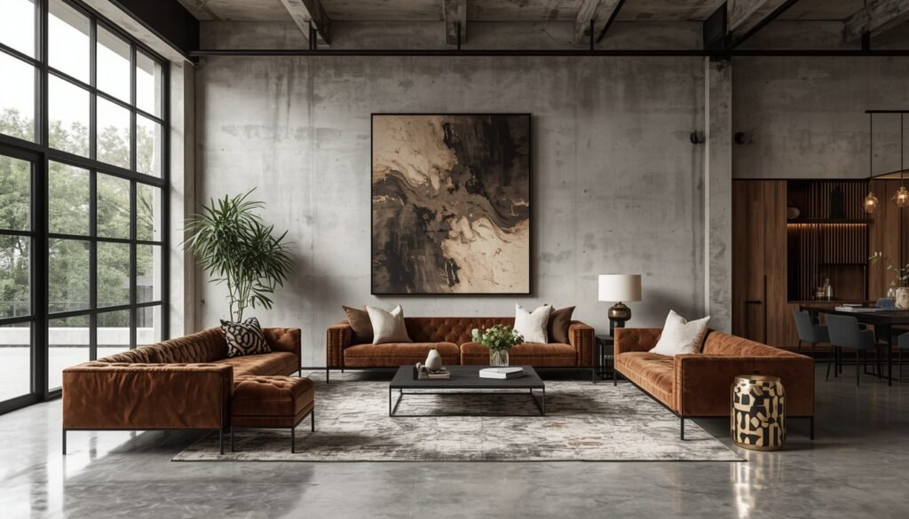 Industrial loft living room with raw exposed concrete wall, tufted brown leather sofas, and large black grid windows.
