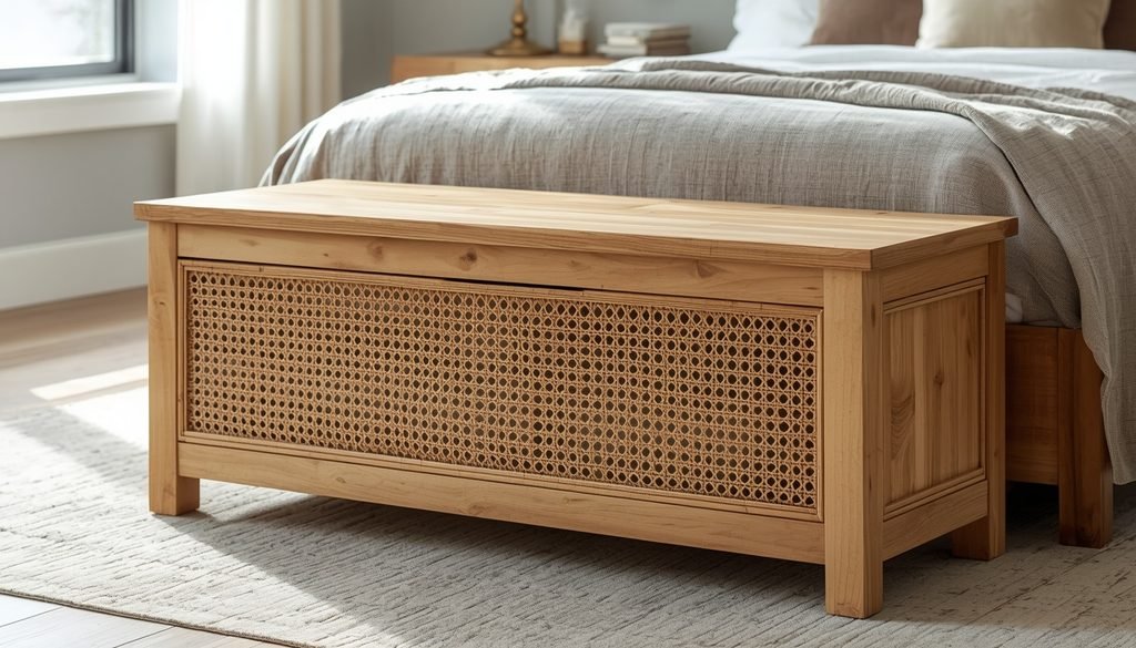 Woven rattan wooden storage trunk with natural pine frame for modern house interior design