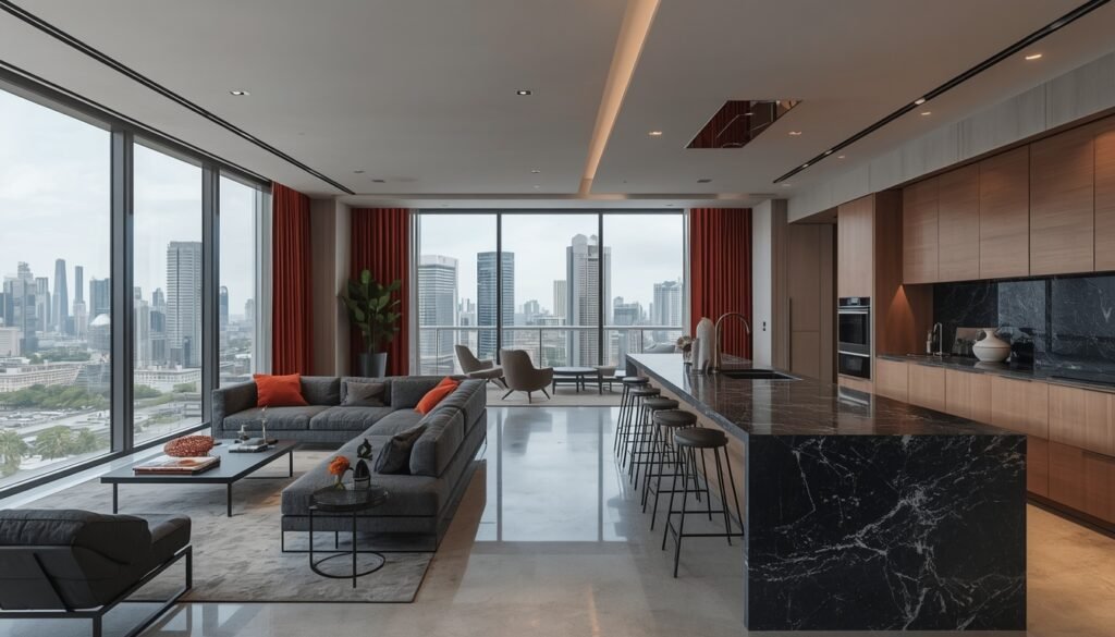 City apartment layout with black marble kitchen island, low grey sectional sofa, and floor-to-ceiling glass windows.