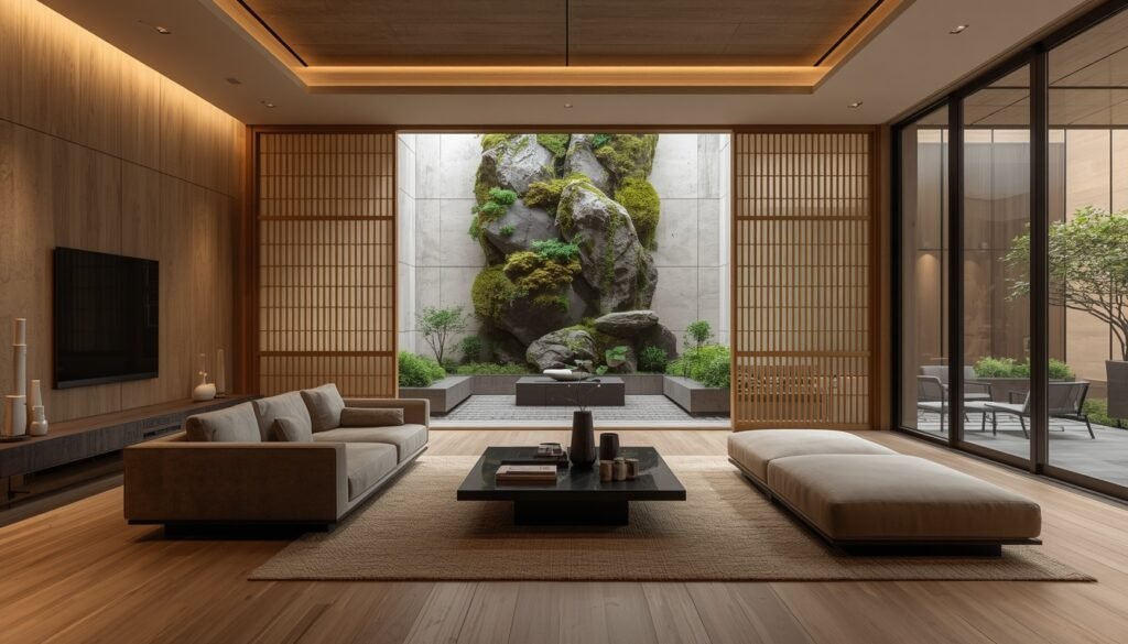 Zen living space with low beige sofas, light wood wall paneling, and sliding doors opening to a rock garden.