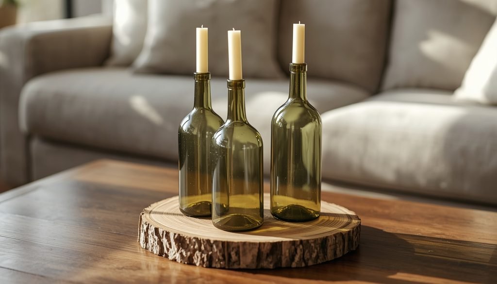 Upcycled glass bottle candle holders on wooden table for cozy room lighting