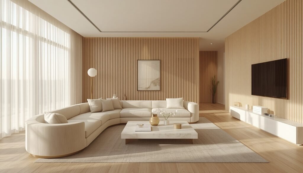 35 Modern House Interior Design Ideas to Upgrade Your Space 4 Drawing room featuring light oak slatted wood walls, curved cream sofa, stone coffee table, and sleek white TV console.