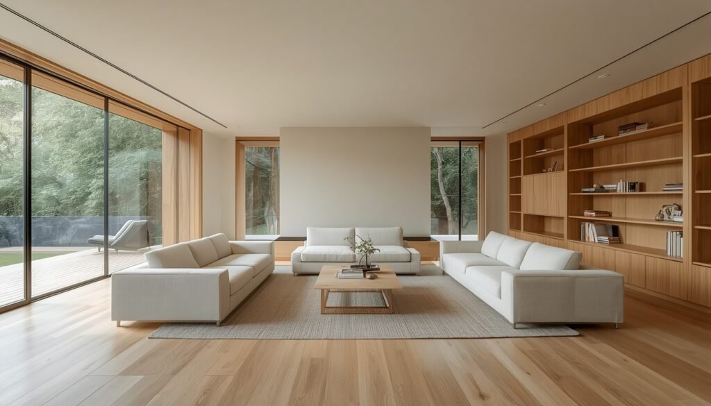 Muji-style living room with light wood floors, white sofas, open wooden bookshelves, and bright natural light.