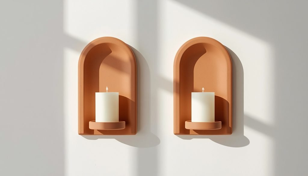 Aesthetic clay wall sconce candle holders with arched terracotta niche holding LED candle