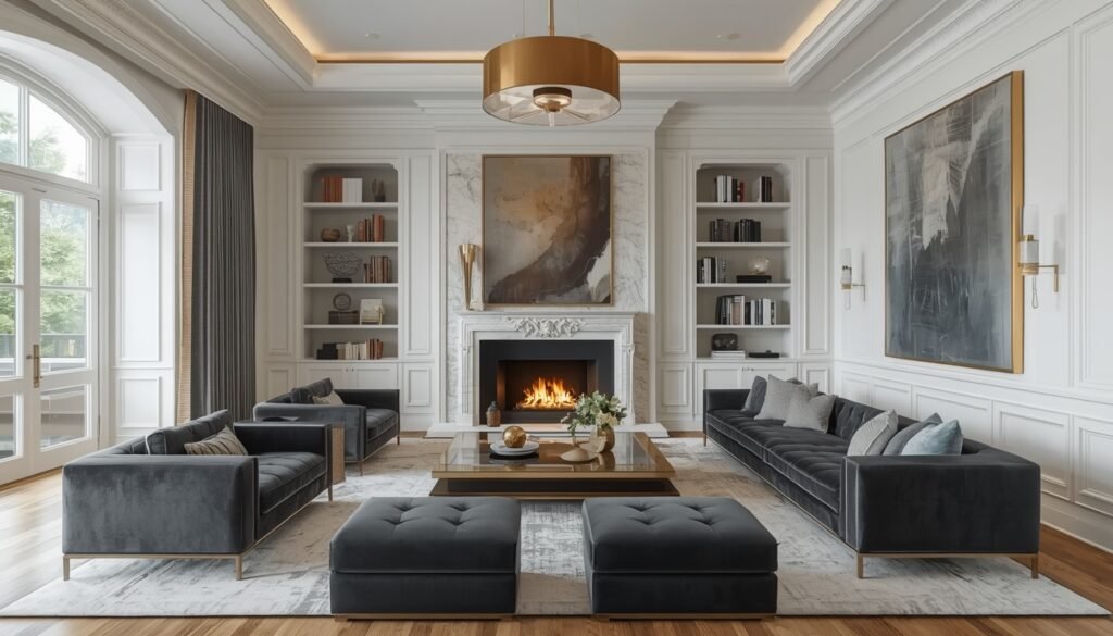 Living room with white wall moldings, dark velvet sofas, marble fireplace, and built-in bookshelves.