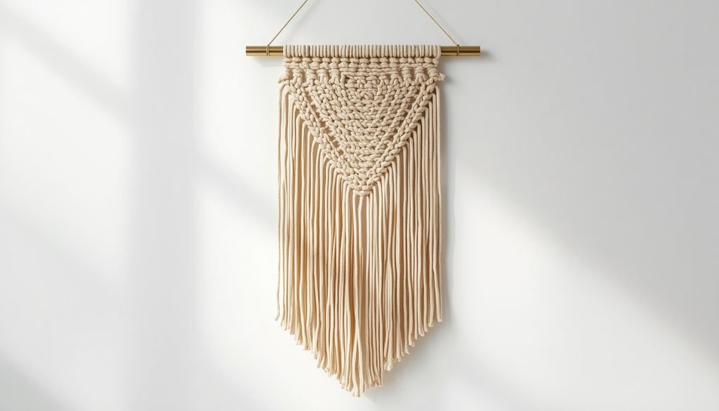Woven macrame wall hanging with cotton cord chevron pattern on brass rod