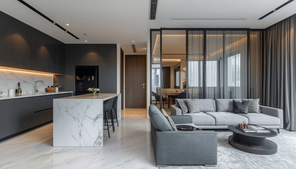 Small 2BHK flat layout featuring white marble island, dark kitchen cabinets, light grey sofa, and glass partition.