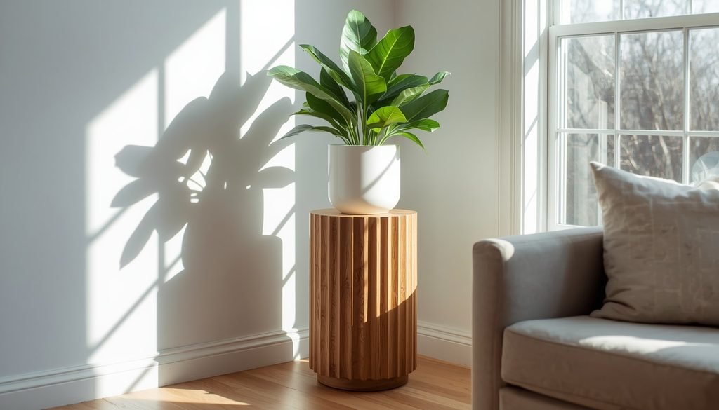 DIY fluted wooden plant pedestal with vertical dowel slats holding potted greenery