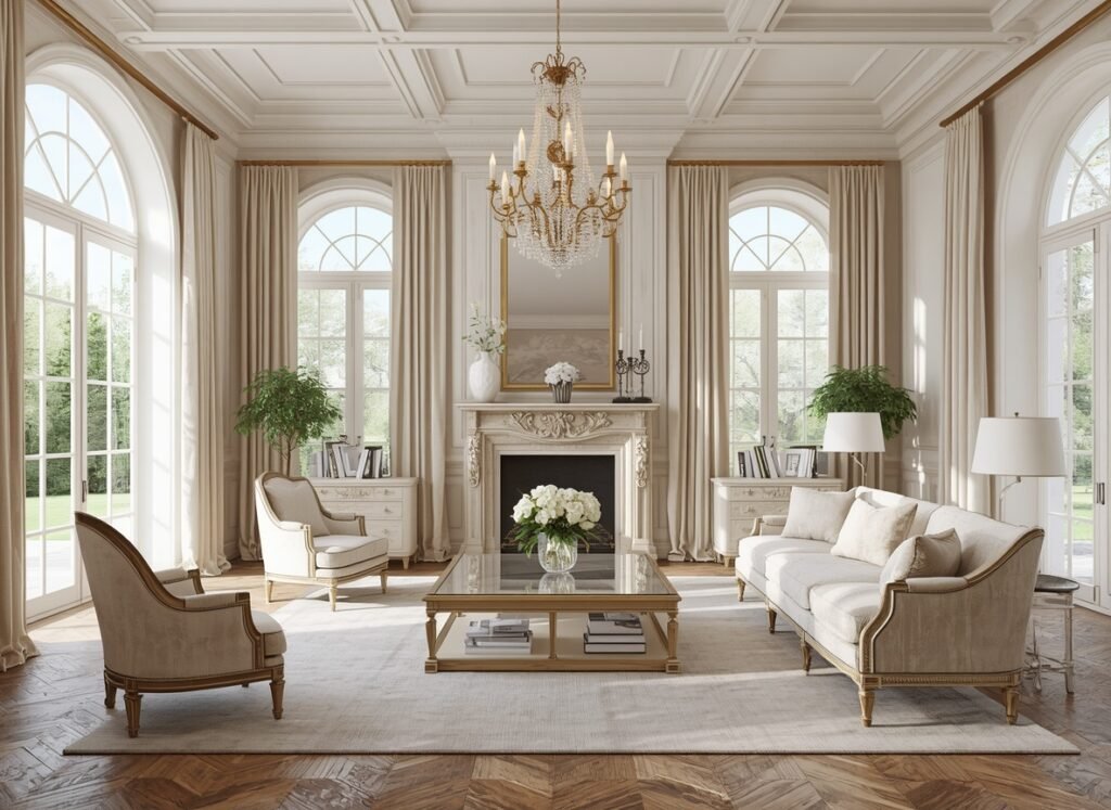 French country living room with carved stone fireplace, cream sofa, crystal chandelier, and tall arched windows.